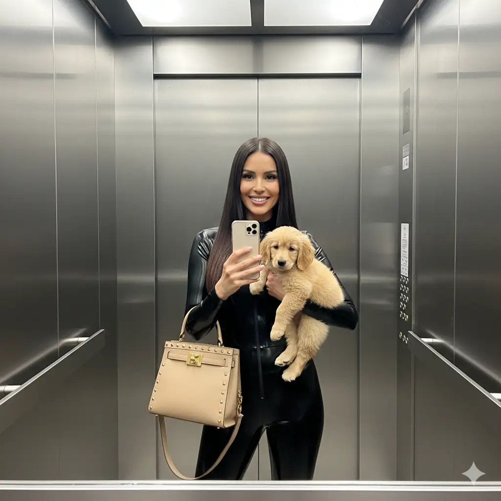A stylish woman taking a mirror selfie in a sleek metallic elevator. She's dressed in a glossy black latex jumpsuit. She holds a small puppy in one arm and a beige studded handbag in the other, adding a bold contrast to her modern, high-fashion look. Her hair is straight and parted down the middle, framing her bright smile. The scene exudes confidence and glamour, with the reflective elevator surfaces amplifying the polished, urban-chic atmosphere.