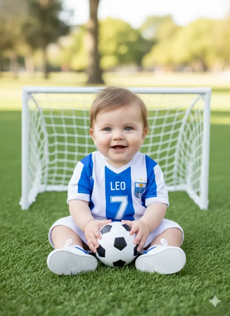 Create a sporty photoshoot of a baby boy wearing a miniature soccer jersey with his name printed on it, white shorts, and baby sneakers. He's sitting on artificial grass holding a small football, with a goalpost prop behind him. Capture his natural smile with soft outdoor-style lighting.