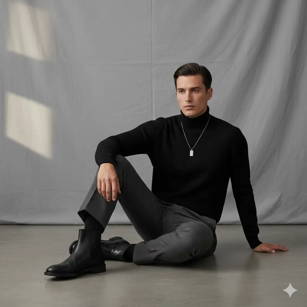A sophisticated man sits on the floor of a minimalist studio with a soft gray backdrop, exuding calm confidence and modern elegance. He wears a fitted black ribbed turtleneck sweater, tailored gray trousers, and sleek black leather boots. A simple silver necklace with a rectangular pendant adds a refined touch to his monochrome outfit. His dark hair is neatly styled. The soft, diffused lighting enhances the textures of his clothing and creates gentle shadows that sculpt his features. The overall aesthetic is clean, fashion-forward, and editorial, capturing a timeless, modern look with understated style.