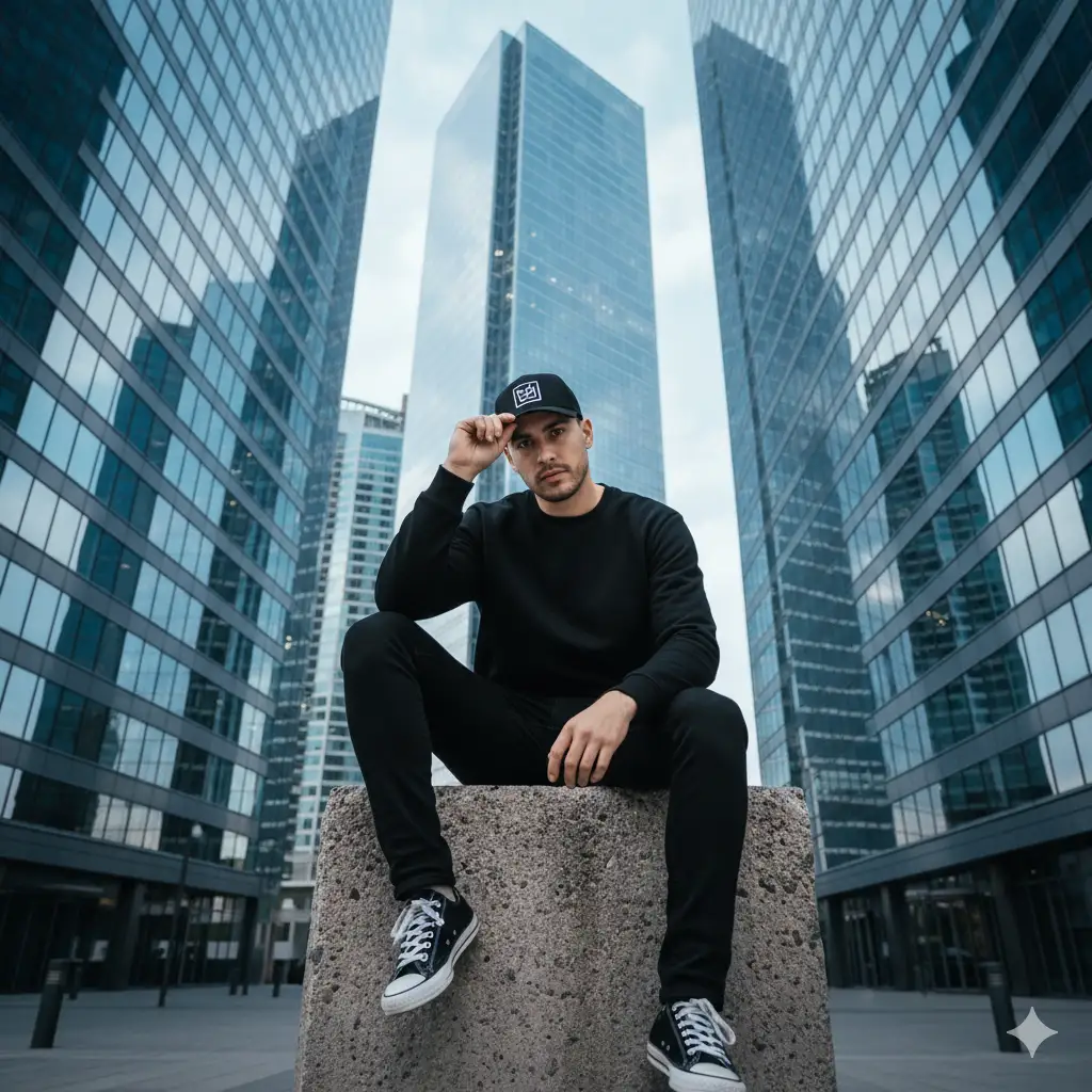A stylish man sits confidently on a concrete block in the middle of a modern urban environment, surrounded by tall glass skyscrapers that rise dramatically into the sky. The perspective is low-angle, emphasizing both the city's towering architecture and the subject's strong, composed posture. He wears a sleek, casual all-black outfit, black sweatshirt, fitted black jeans, and classic black-and-white sneakers. A black baseball cap with a white logo completes his streetwear look. He slightly tilts the brim of his cap with one hand while gazing calmly toward the camera, exuding urban cool and quiet confidence. The lighting is natural daylight, with soft blue tones from the sky reflecting off the surrounding glass buildings. The atmosphere feels modern, minimalist, and bold, perfect for a contemporary fashion or lifestyle editorial.