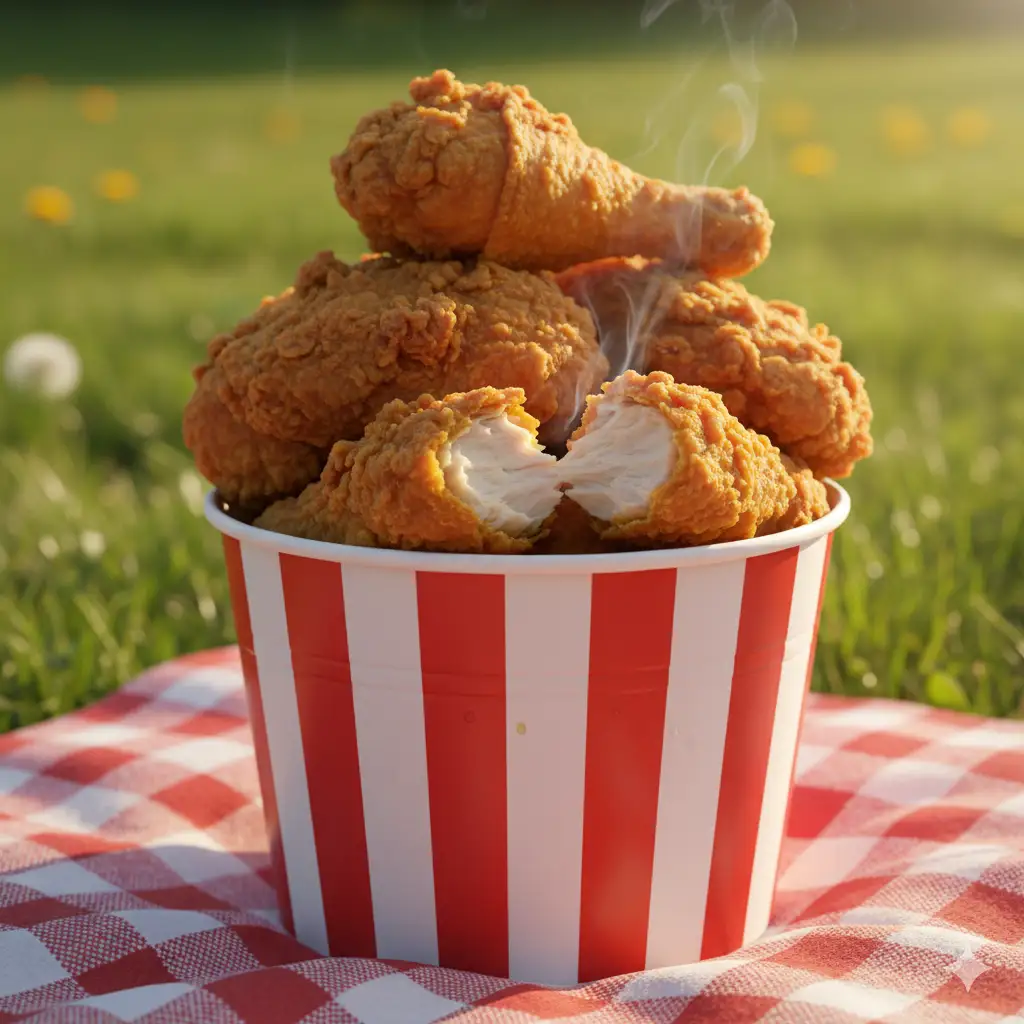 Create a vibrant and dynamic photo of Southern-style fried chicken. A pile of golden-brown, extra-crispy chicken pieces is overflowing from a classic red-and-white striped bucket. One piece is broken open, revealing juicy, tender meat with steam gently rising. The setting is a sunny outdoor picnic on a red checkered blanket, with a blurred background of green grass. The lighting is bright, natural afternoon sunlight (golden hour) that makes the chicken's crispy skin glow. Low-angle shot making the chicken look heroic and delicious, shallow depth of field, ultra-detailed texture.