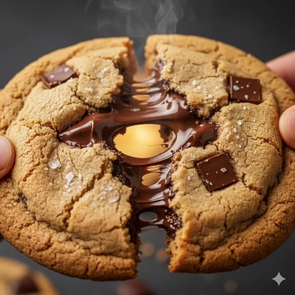 Create a macro shot of a freshly-baked chocolate chip cookie being broken in half. The cookie has a golden-brown, crinkled edge and a soft, chewy center. The two halves are being pulled apart, creating a long, gooey "chocolate pull" from the large, molten chocolate chunks inside. A few flakes of sea salt are visible on the surface. The background is a simple, dark surface, putting all the focus on the cookie's texture. The lighting is warm and soft, backlighting the cookie to make the melted chocolate and steam glow. Ultra-detailed, indulgent, 8K resolution.