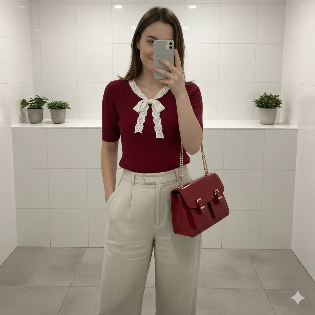 A stylish young woman taking a mirror selfie in a softly lit, modern interior with white tiled walls. She wears a deep red short-sleeve top adorned with a white lace bow detail at the neckline, paired with light-colored bottoms. Draped over her shoulder is a glossy red handbag with buckled front pockets, matching the tone of her top. Her hair is medium-length, straight, and softly styled with a natural brown hue. She holds a smartphone, partially covering her face as she looks into the mirror. The overall composition is elegant and feminine with a touch of playful charm.