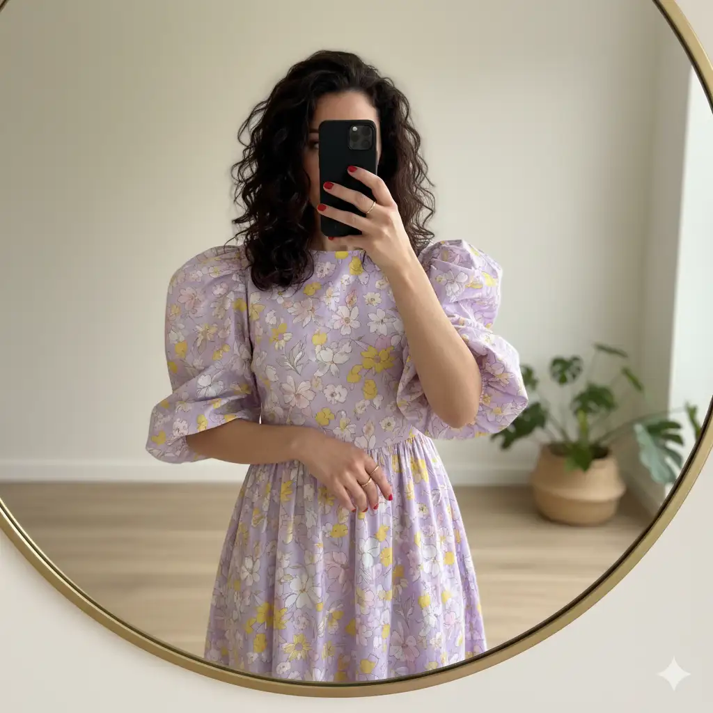 A woman taking a mirror selfie in a softly lit indoor space with a neutral-colored background. She wears a light purple floral dress with puffed sleeves, featuring a mix of yellow, white, and pink flowers outlined in fine detail. Her dark, wavy hair is styled in soft curls that fall over her shoulders. She holds a black smartphone in front of her face, covering it almost entirely, with her nails painted a bright red and small gold rings on her fingers. The lighting highlights the soft textures of the fabric and the gentle contrast of her outfit against the muted surroundings.