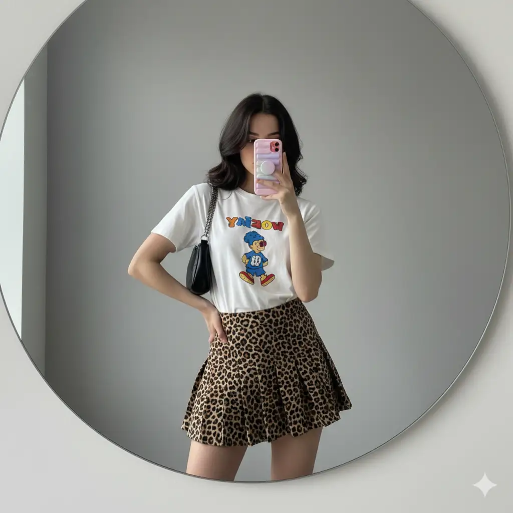 A fashionable young woman taking a mirror selfie with soft gray background. She is wearing a casual yet trendy outfit: a white graphic T-shirt featuring a cartoon character, paired with a short brown and black leopard-print skirt. Her dark hair is styled in loose waves, framing her face naturally. She holds a pink smartphone with a textured pop case in front of her face, capturing the reflection. A small black shoulder bag hangs casually from her arm. The scene is softly lit, giving a modern, everyday aesthetic with a mix of playful and chic elements.
