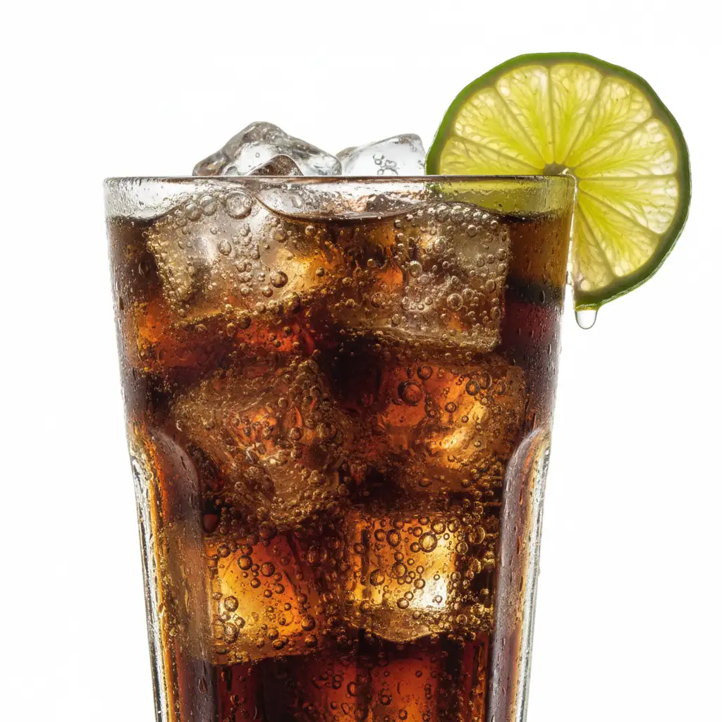 Create a refreshing and energetic photograph of a glass of cola. The tall, chilled glass is filled with sparkling dark soda and large, clear ice cubes. Tiny bubbles (effervescence) are visibly rising to the surface. A slice of fresh lime is perched on the rim of the glass, and droplets of condensation are running down the side. The lighting is bright backlighting, making the bubbles and ice glow and creating a refreshing halo effect. The background is a clean, minimalist white, making the drink pop. High-speed photography style to freeze the motion of the bubbles.