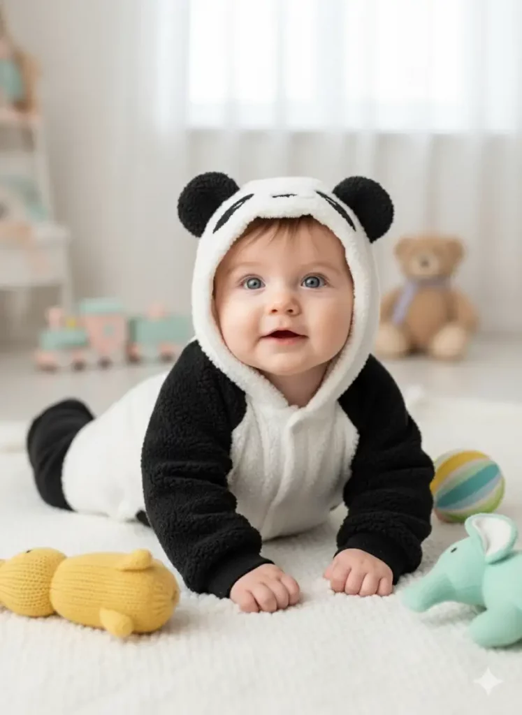 Create a playful indoor photo of a baby boy wearing a panda onesie with a hood that has little ears. He's lying on his tummy on a white rug, looking up at the camera with big, curious eyes. The room has bright natural lighting and a few soft toys scattered around for a cute lifestyle look.
