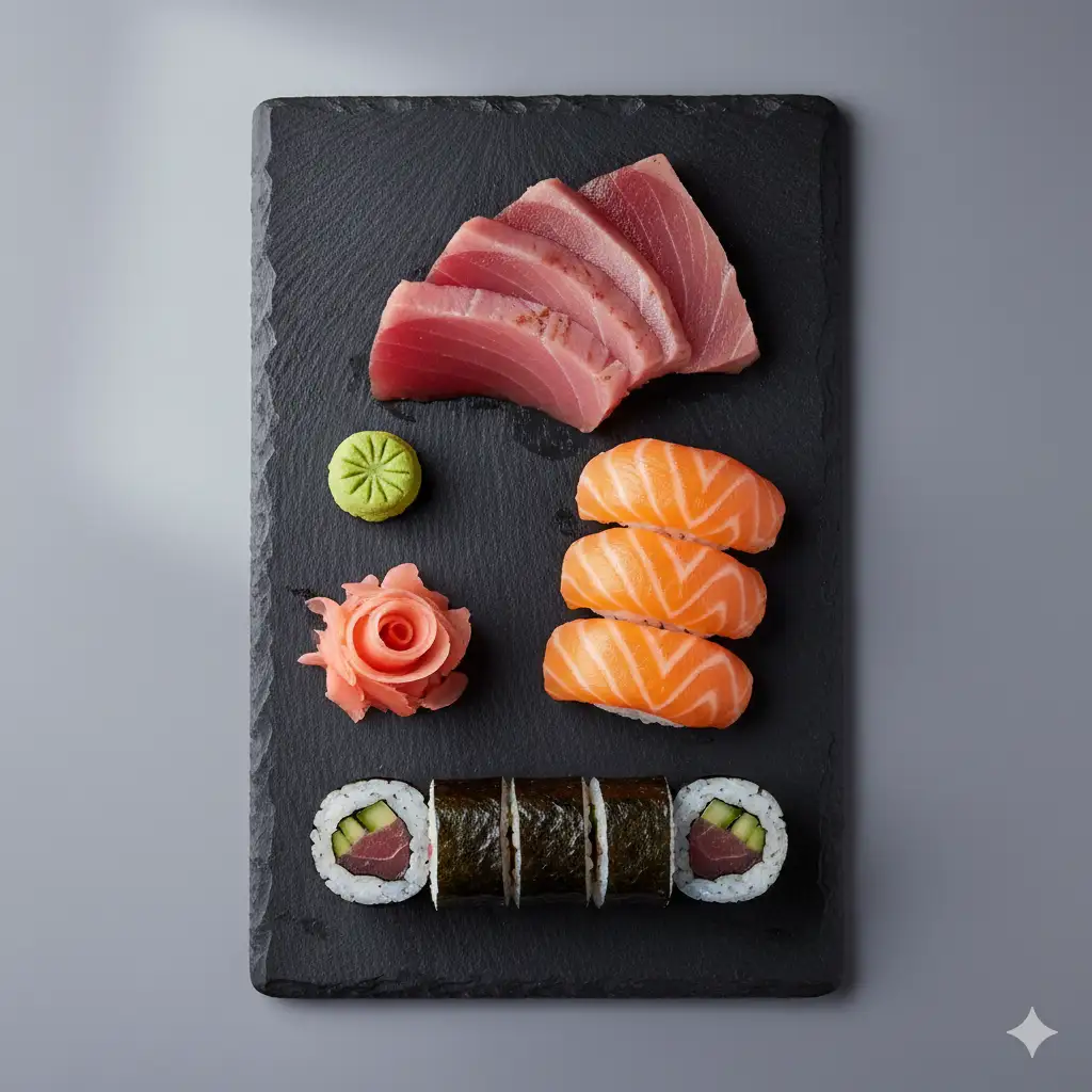 Create a minimalist, elegant photograph of a selection of sushi and sashimi. The arrangement includes glistening pieces of fatty tuna (toro), vibrant orange salmon nigiri, and a delicate maki roll, all placed with precision on a dark, rectangular slate platter. A small, artfully placed dollop of bright green wasabi and thinly sliced pickled ginger are nearby. The lighting is clean and directional studio light, creating soft shadows and highlighting the fresh, moist texture of the fish. Top-down flat lay perspective, Japanese aesthetic, ultra-sharp focus.