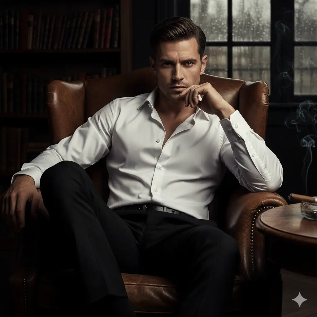A cinematic portrait photo of a man sitting confidently in a dark, moody setting. He is dressed in a crisp white dress shirt, slightly unbuttoned at the collar, and black trousers, exuding professionalism and quiet power. He sits in a deep brown leather armchair, one hand resting under his chin in a thoughtful, commanding pose. The lighting is dramatic and directional, highlighting the contours of his face and shirt while leaving the background in shadow. The overall composition conveys intensity, mystery, and elegance, reminiscent of a luxury brand portrait.