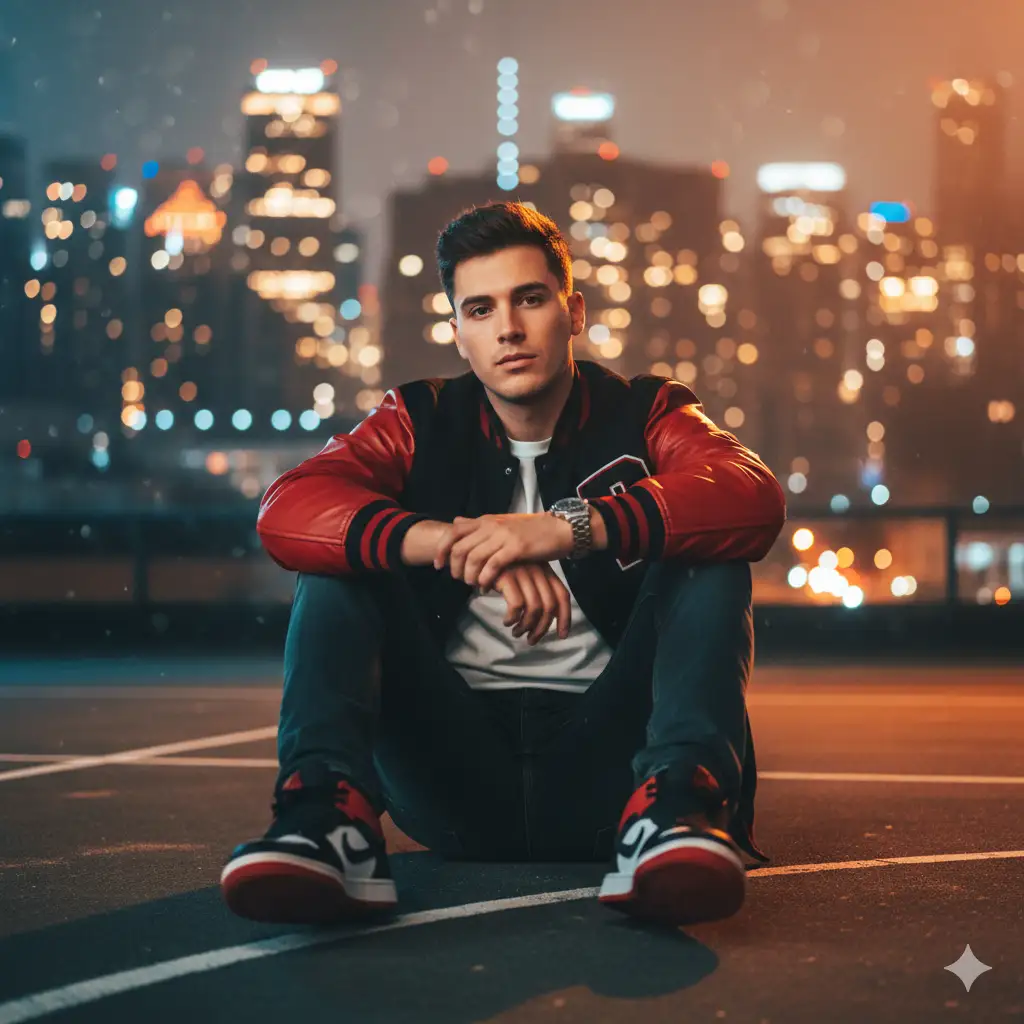 A young man sits confidently on an urban rooftop basketball court at night, with the blurred lights of a modern city skyline glowing behind him. He exudes a cool, laid-back energy, dressed in a stylish black varsity jacket with red details, a plain white T-shirt, dark jeans, and black-and-red sneakers. A silver wristwatch catches the warm city light, adding a subtle touch of style. He sits with legs slightly apart and arms resting casually on his knees, gazing at the camera with a composed, self-assured expression. The scene is illuminated by soft, moody lighting that highlights his face and outfit while the background bokeh of skyscraper lights creates a cinematic depth. The overall mood is urban, youthful, and effortlessly confident—perfect for a night photography portrait with a modern, cinematic edge.