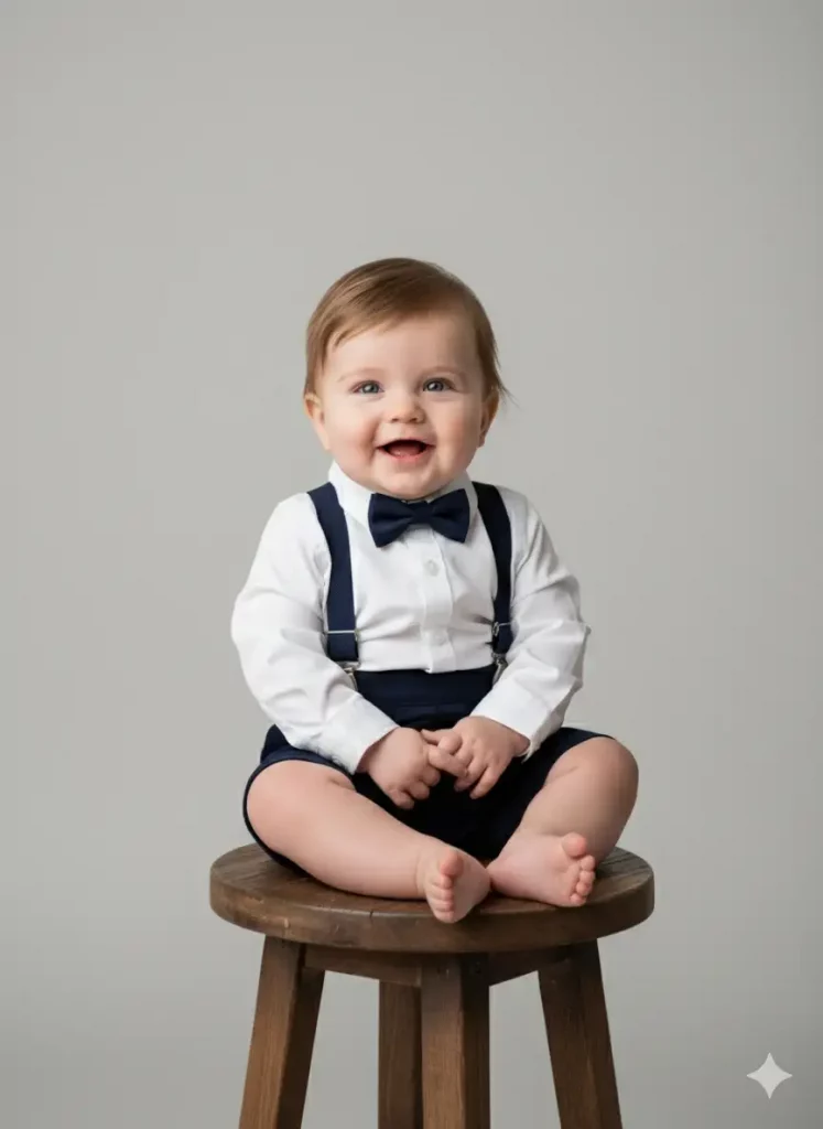 Create a studio photo of a baby boy dressed in a formal white shirt with navy-blue suspenders and a little bow tie. He's sitting on a wooden stool against a light gray background. Add soft light from the left side to emphasize his chubby cheeks and sweet smile, giving a classy baby portrait vibe.
