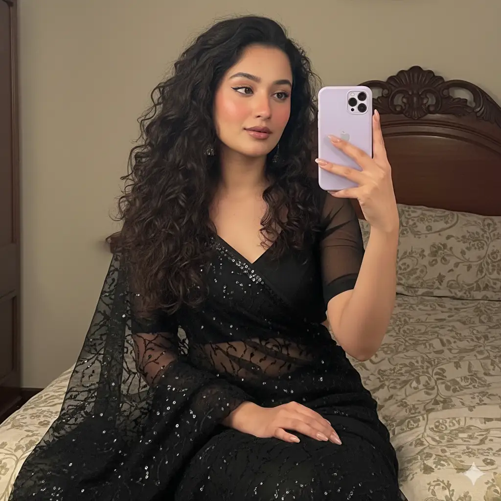 A young woman taking a mirror selfie in a softly lit bedroom, creating a moody and elegant atmosphere. She is dressed in a sheer black saree with delicate sequined detailing, draped gracefully over a black blouse. Her long, voluminous hair falls in natural curls over one shoulder. Her makeup is soft and romantic, with rosy cheeks, subtle eyeliner, and a natural lip tone. She holds a lavender phone in front of her with neatly manicured nails, posing confidently while sitting on a bed with patterned bedding and a carved wooden headboard in the background. The lighting highlights her features while maintaining a warm, intimate glow.