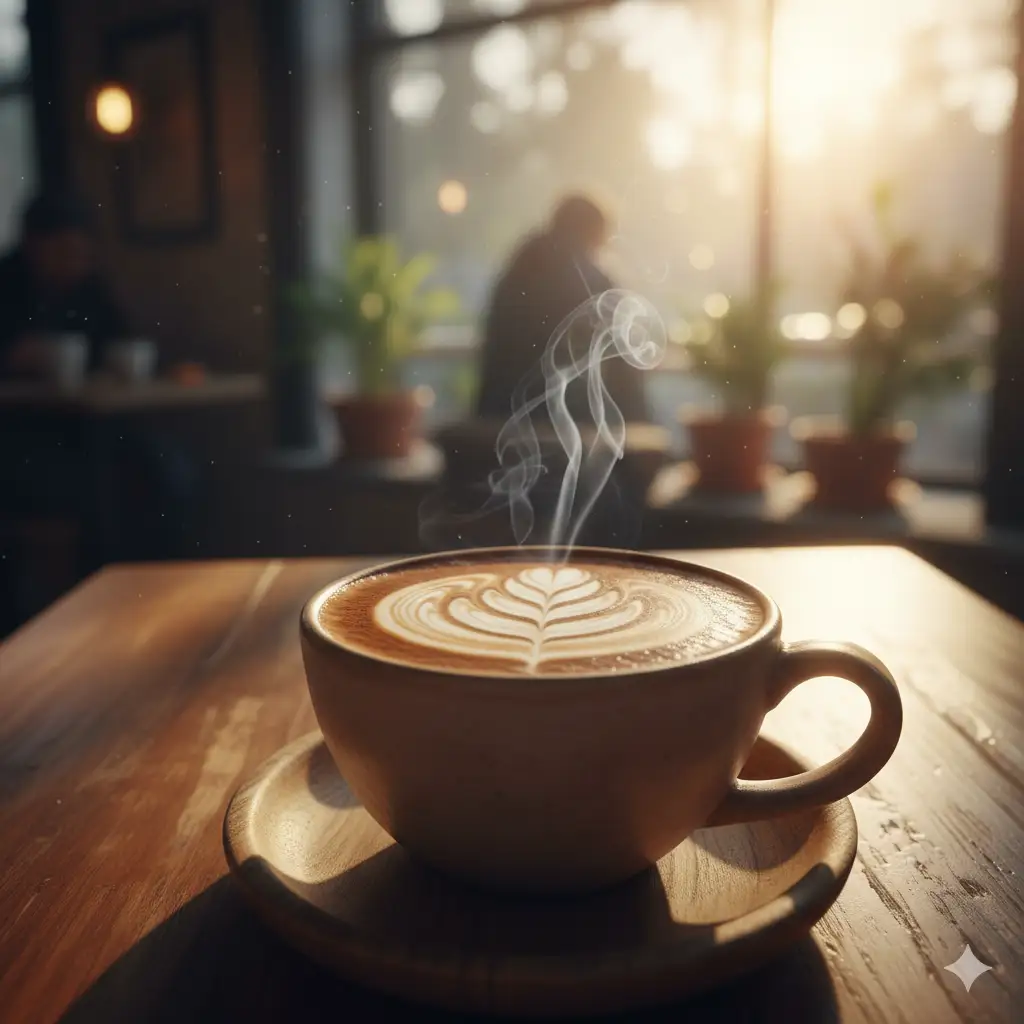 Create a cozy and inviting photograph of a warm cup of coffee with detailed latte art. The coffee is in a wide, ceramic mug on a wooden saucer. The latte art is a perfectly executed rosetta pattern, with sharp contrast between the creamy white microfoam and the dark espresso. A gentle wisp of steam is rising from the cup. The setting is a cozy café, with soft morning light streaming in from a window in the background, creating a warm glow. Shot from a 45-degree angle above the cup, shallow depth of field, warm and comforting mood.