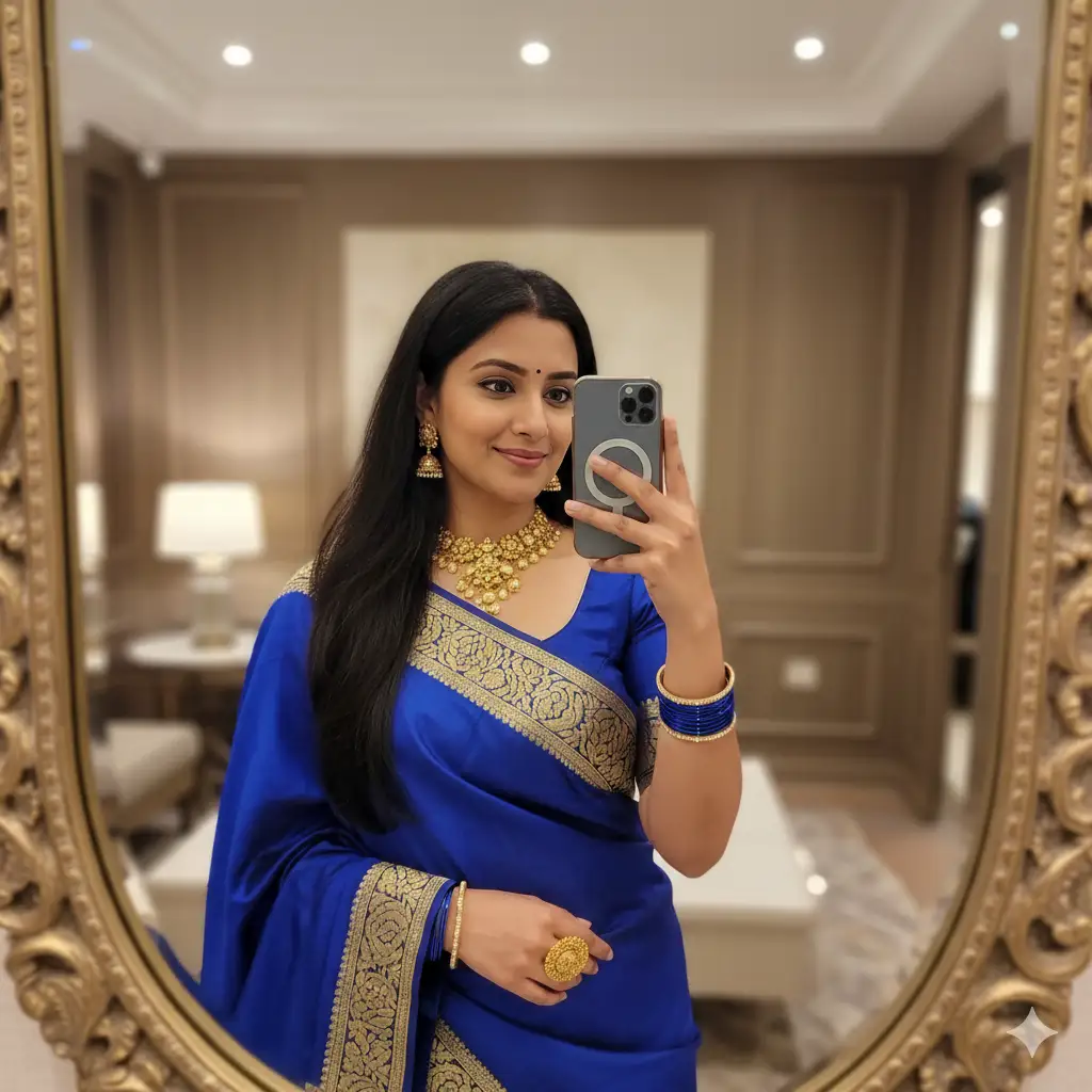 A woman taking a mirror selfie in a softly lit indoor setting, exuding elegance and warmth. She is wearing a royal blue saree with a delicate golden floral border, draped gracefully over her shoulder. Her matching blue blouse complements the outfit, and she accessorizes with traditional Indian jewelry — gold jhumka earrings, a floral necklace, a large decorative ring, and blue bangles. Her long black hair falls naturally over one shoulder, and she smiles warmly at the camera. The background features neutral tones of wood and soft lighting, adding a cozy and refined atmosphere to the image.