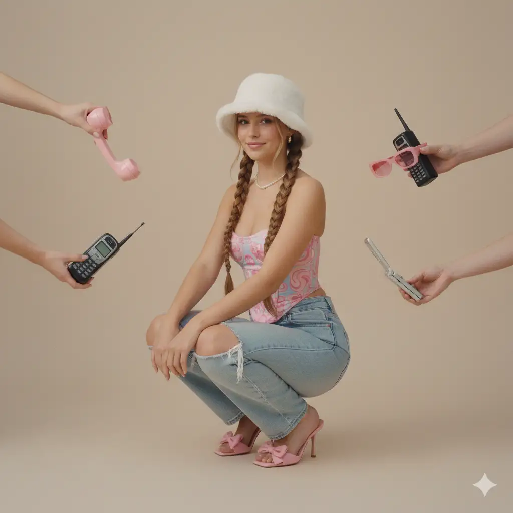 A stylish young woman posing in a retro-inspired fashion photoshoot with a soft, pastel aesthetic. She wears a fluffy white bucket hat, a pink patterned strapless corset top, light blue ripped jeans, and pink high heels with bows. Her hair is styled in two long braids, and she wears a pearl necklace. She is crouched down slightly, smiling calmly at the camera in a minimalist beige studio. Several vintage accessories are held toward her by unseen hands, a pink rotary phone receiver, an old black cell phone with an antenna, a flip phone, and a sunglass. The lighting is soft and diffused, creating a clean, nostalgic look reminiscent of early 2000s fashion magazine editorials.