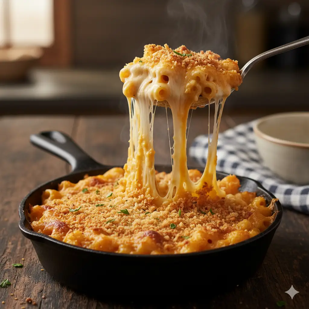 Create a decadent action shot of baked macaroni and cheese. It's served in a sizzling, small black cast-iron skillet, fresh from the oven. The top has a golden-brown, bubbly crust of baked cheese and breadcrumbs. A serving spoon is pulling out a scoop, creating an impossibly long and stringy "cheese pull." The lighting is warm and low, emphasizing the gooey, molten texture of the cheese. Close-up focus on the cheese pull, ultimate comfort food aesthetic, hyper-detailed.
