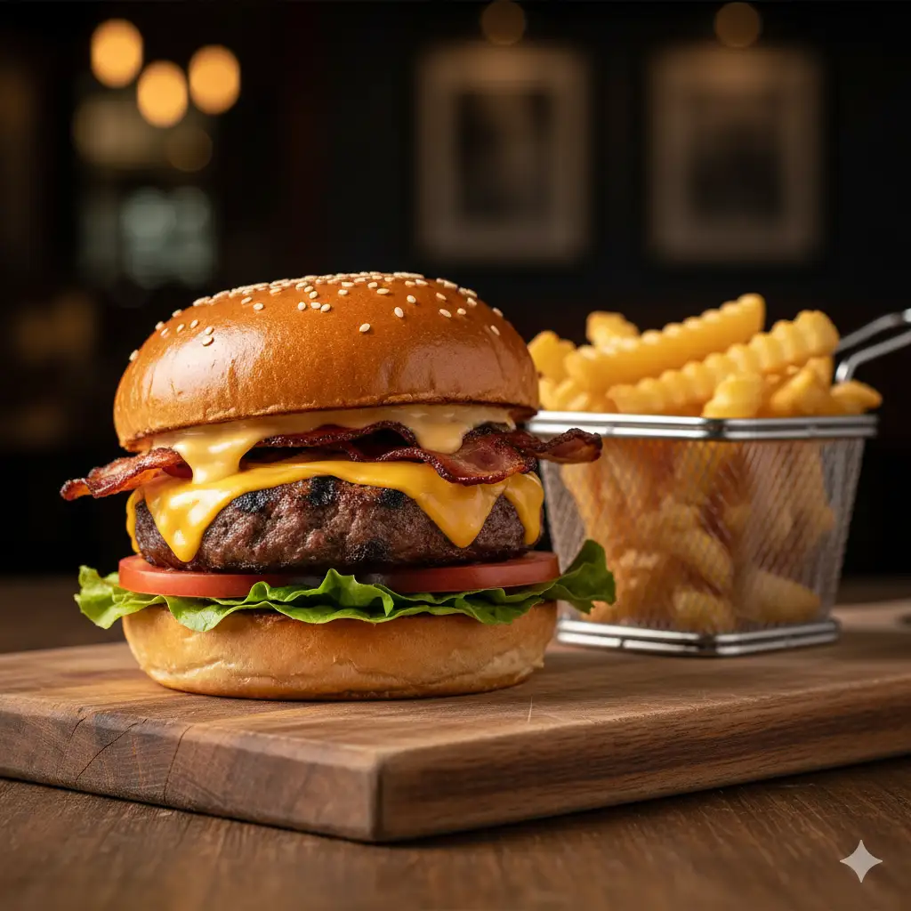Create a commercial food photograph of a gourmet cheeseburger. The burger features a thick, flame-grilled Angus beef patty with visible grill marks, melting cheddar cheese dripping down the side, crispy bacon, fresh green lettuce, and ripe tomato slices, all inside a glossy, toasted brioche bun sprinkled with sesame seeds. It's placed on a rustic wooden board next to a small metal basket of golden, crispy french fries. The lighting is dramatic side-lighting, creating deep, appealing shadows and highlighting the textures. The background is a dimly lit, cozy restaurant with a soft bokeh effect. Photorealistic, ultra-detailed, sharp focus, 8K.