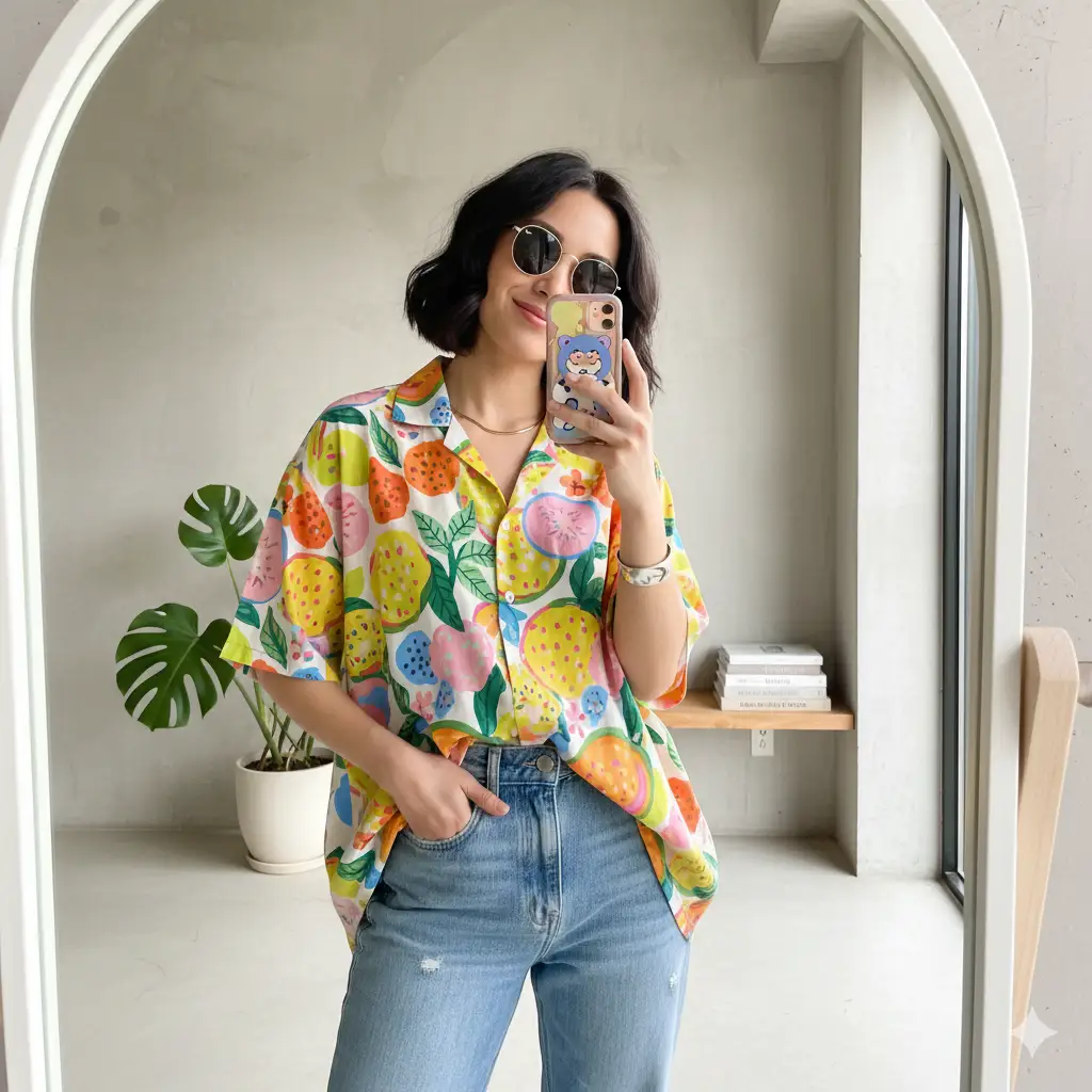 A young woman taking a mirror selfie in a bright indoor setting with a modern, neutral-toned background. She wears a colorful, oversized short-sleeve shirt featuring abstract fruit or floral patterns in yellow, orange, green, blue, and pink. Her outfit is paired with casual denim jeans for a relaxed, fun look. She has short, slightly wavy black hair that frames her face naturally and accessorizes with dark round sunglasses, a thin gold necklace, and a silver bracelet. She holds a phone with a cute themed case, smiling confidently with a cool, carefree expression.