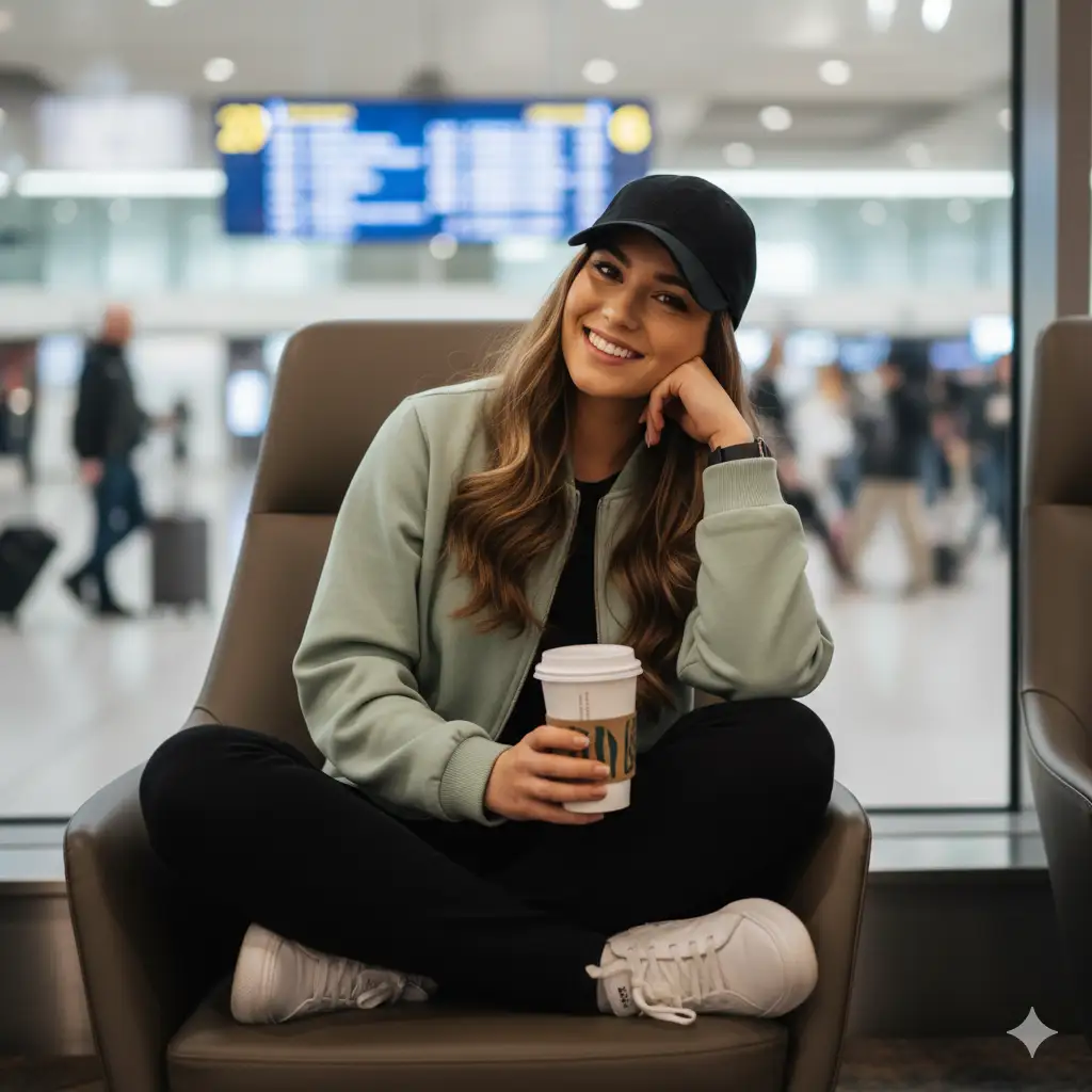 A stylish young woman sitting casually in an airport lounge, holding a takeaway coffee cup and smiling warmly at the camera. She wears a black baseball cap, a light sage green zip-up jacket, and black pants. Her long hair flows naturally beneath the cap, and she rests her head on one hand in a relaxed pose. The background shows a softly blurred airport terminal with signage and travelers moving about, adding a sense of travel and anticipation. The atmosphere feels modern, cozy, and aspirational, the perfect "travel photo" aesthetic with natural light and soft tones.