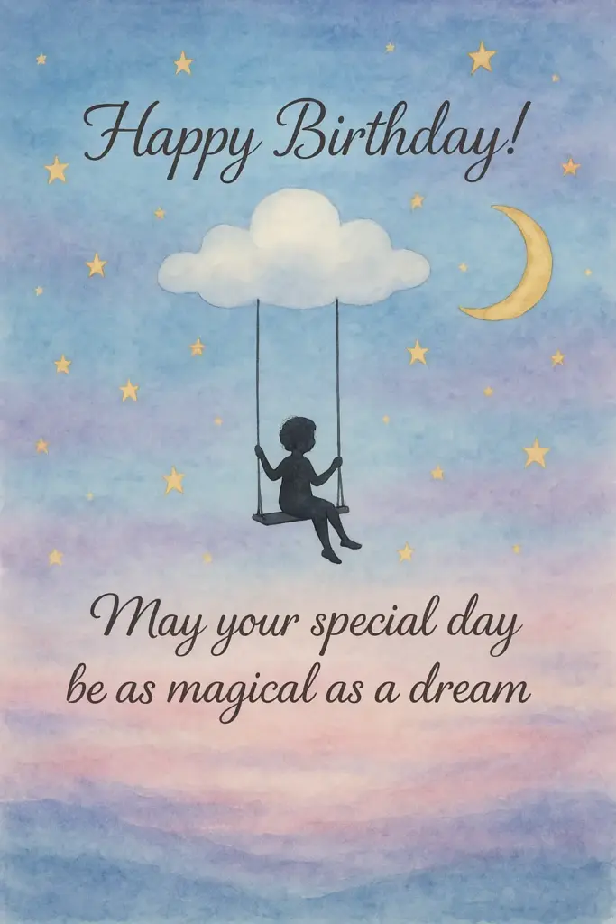 Create a whimsical watercolor birthday card featuring a dreamy landscape. The design should have a soft, blended background of pastel blues, purples, and pinks, resembling a twilight sky. Scatter delicate, hand-painted style stars and a crescent moon across the scene. In the foreground, include a charming illustration of a silhouette of a person on a swing hanging from a cloud. The text should be in a flowing, calligraphic font. Text to be written on the birthday card: "Happy Birthday! May your special day be as magical as a dream."