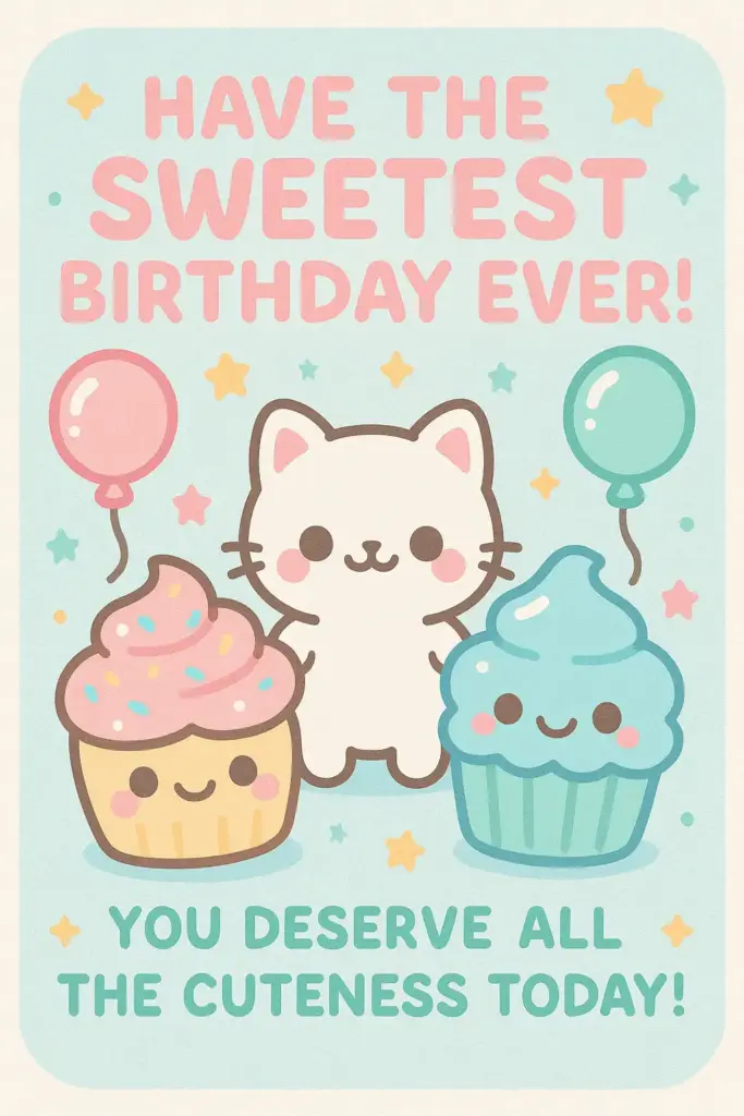 Create a kawaii-style birthday card with pastel colors like baby blue, soft pink, and mint green. Add cute cartoon-style characters, smiling cupcakes, stars, and balloons, with shiny highlights and rounded edges. The card should feel cheerful and playful. Text on Card: "Have the sweetest birthday ever! You deserve all the cuteness today!"