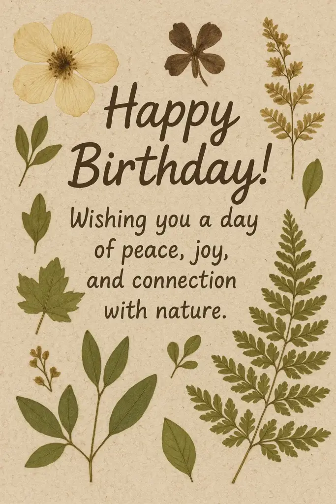 Create a rustic and nature-inspired birthday card with an earthy and organic feel. The design should incorporate elements like pressed flowers, leaves, and a textured paper background. The color palette should be muted and natural, with shades of brown, green, and cream. The text should be in a handwritten-style font. Text to be written on the birthday card: "Happy Birthday! Wishing you a day of peace, joy, and connection with nature."