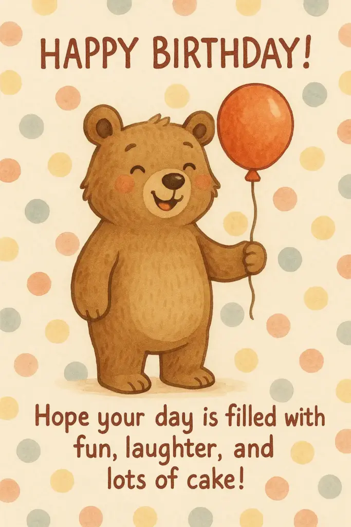 Create a playful and charming illustrated birthday card featuring a cute animal character. The central image could be a cheerful bear holding a balloon. The illustration style should be whimsical and storybook-like, with soft colors and friendly expressions. The background can have fun patterns like polka dots or stripes. Text to be written on the birthday card: "Happy Birthday! Hope your day is filled with fun, laughter, and lots of cake!"