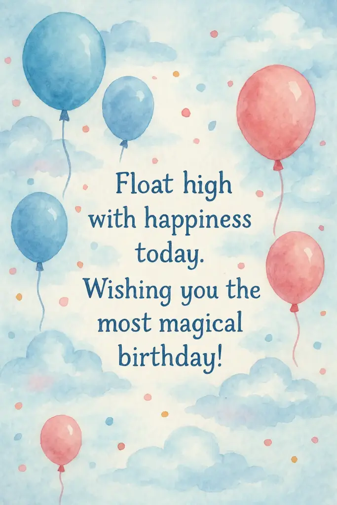 Create a whimsical watercolor birthday card featuring hand-painted balloons, confetti, and clouds in soft blue and pink tones. The card should have a light dreamy atmosphere, like a watercolor painting on textured paper. Text on Card: "Float high with happiness today. Wishing you the most magical birthday!"
