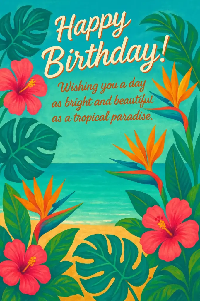 Create a vibrant, tropical-themed birthday card that feels like a sunny getaway. The design should be lush with illustrations of monstera leaves, hibiscus flowers, and birds of paradise in bright, saturated colors like teal, fuchsia, and mango orange. In the background, hint at a serene beach with turquoise water. The typography should be a fun, casual script that feels handwritten and relaxed. Text to be written on the birthday card: "Happy Birthday! Wishing you a day as bright and beautiful as a tropical paradise."