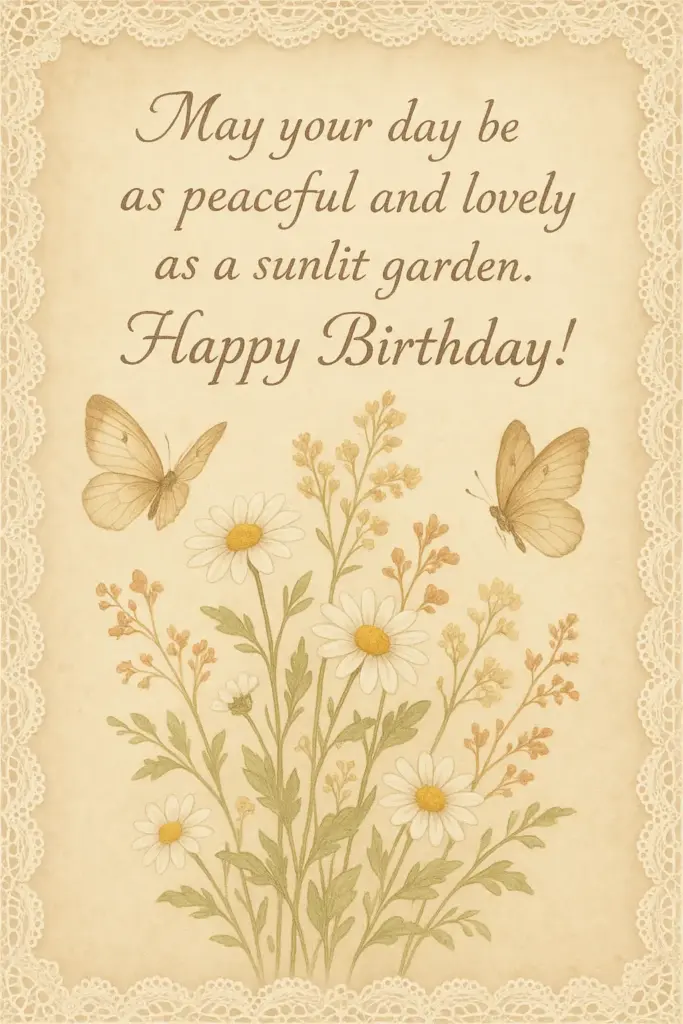 Create a cottagecore-style birthday card featuring soft beige tones, wildflowers, butterflies, and vintage lace borders. The design should feel cozy, romantic, and nature-inspired. Use delicate cursive text in a slightly faded ink style. Text on Card: "May your day be as peaceful and lovely as a sunlit garden. Happy Birthday!"