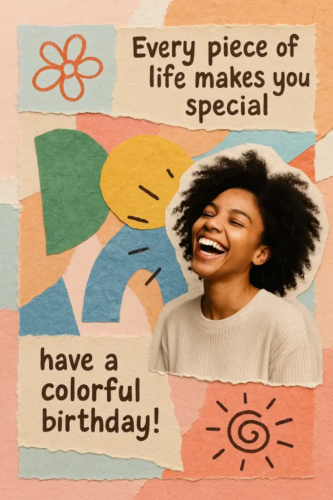 Create an artistic collage-style birthday card that combines paper textures, ripped edges, cut-out photos, and hand-drawn doodles. Mix soft pastel backgrounds with dynamic overlapping shapes. Text on Card: "Every piece of life makes you special, have a colorful birthday!"