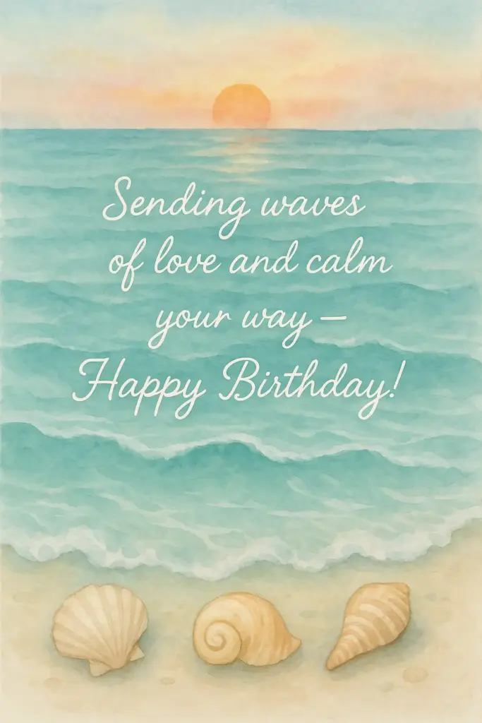 Create an ocean-themed birthday card with soft turquoise water, gentle waves, and seashell details. Add a watercolor sunset in the background and minimal white script text at the center. The mood should be serene and relaxing. Text on Card: "Sending waves of love and calm your way. Happy Birthday!"