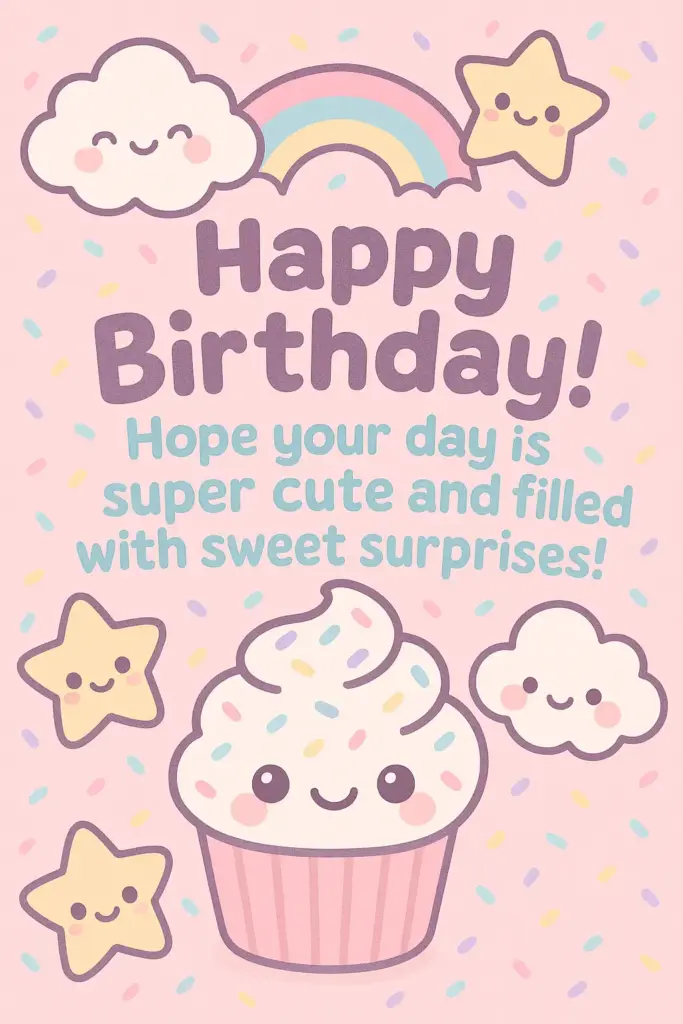 Create an adorable Kawaii-style birthday card that is overwhelmingly cute. The design should feature sweet, smiling characters like clouds, stars, or cupcakes with cartoonish faces. Use a soft pastel color palette of baby pink, lavender, mint green, and sky blue. Add fun elements like rainbows and sprinkles. The text should be in a bubbly, rounded, and friendly font. Text to be written on the birthday card: "Happy Birthday! Hope your day is super cute and filled with sweet surprises!"