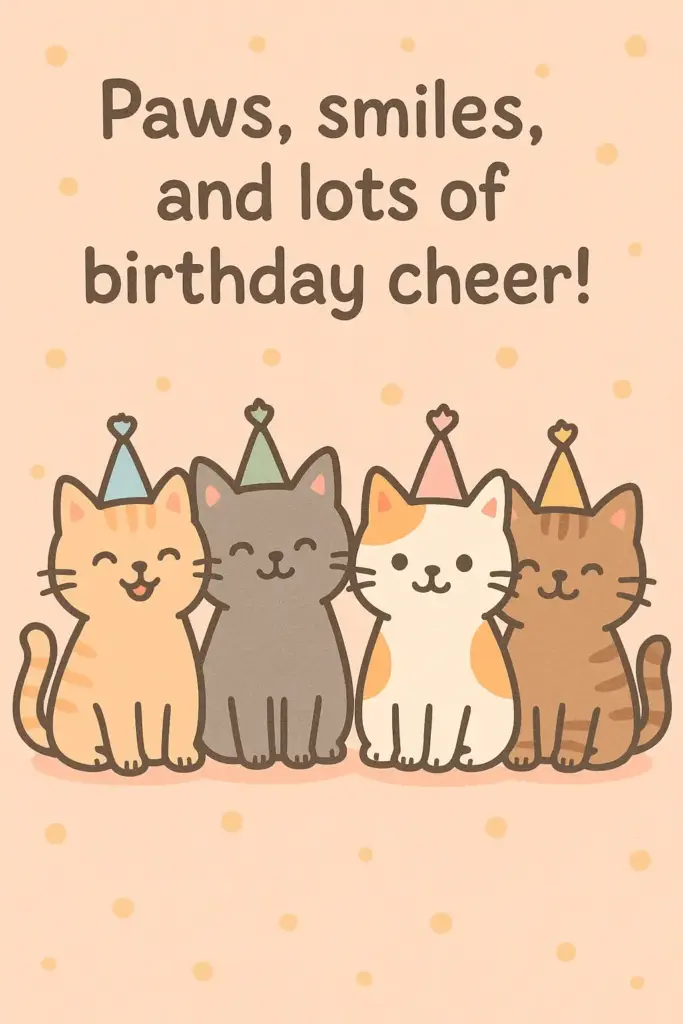 Create a cute animal-themed birthday card featuring adorable illustrated cats wearing tiny party hats. Use soft pastel backgrounds and simple cartoon details for a friendly, cheerful tone. Text on Card: "Paws, smiles, and lots of birthday cheer!"