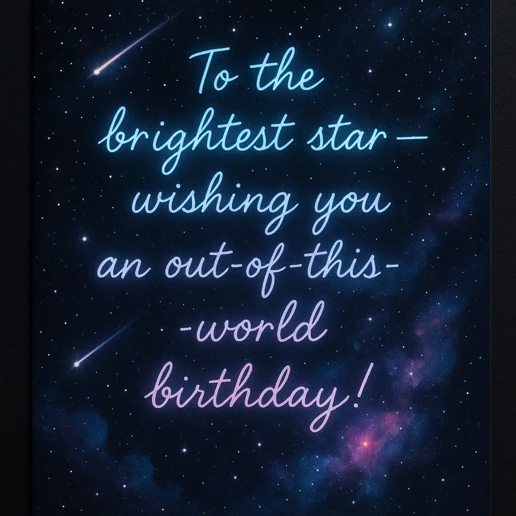 Create a galaxy-themed birthday card with a dark starry background, glowing nebula clouds, and shooting stars. Use a glowing gradient text with a dreamy handwritten style. Text on Card: "To the brightest star, wishing you an out-of-this-world birthday!"