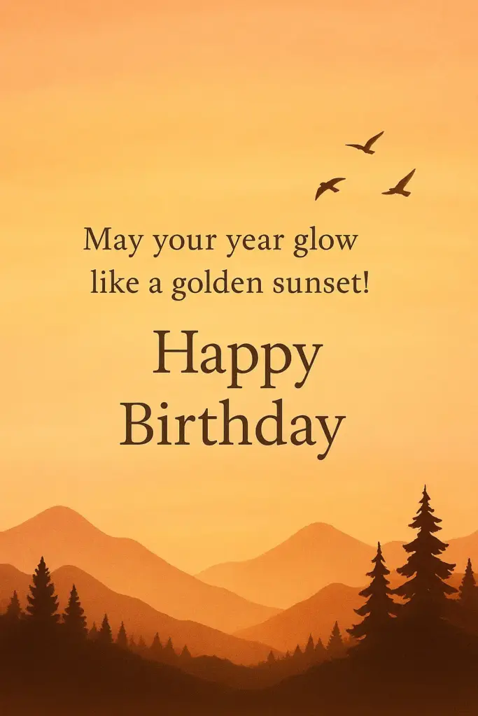 Create a golden sunset birthday card with a soft orange and pink gradient background. Add silhouettes of mountains, trees, and birds flying. Use delicate serif typography for a warm, calm feeling. Text on Card: "May your year glow like a golden sunset! Happy Birthday."