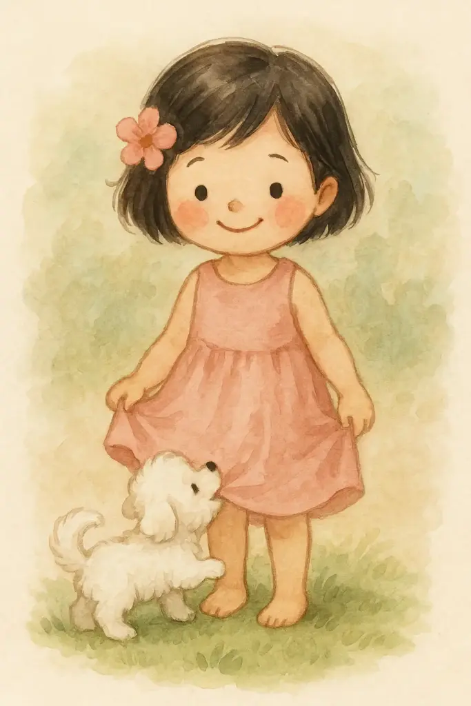 Create a charming watercolor-style illustration of a little girl with short black hair and rosy cheeks, wearing a soft pink sleeveless dress. She has a sweet, innocent smile and a pink flower tucked behind her ear. The girl stands on a grassy patch, gently holding one side of her dress while a small white fluffy puppy playfully tugs at the hem. The background is simple and muted with soft green and beige tones, emphasizing the tender, heartwarming atmosphere. The overall mood is cute, cheerful, and whimsical, evoking the style of a children's storybook illustration.