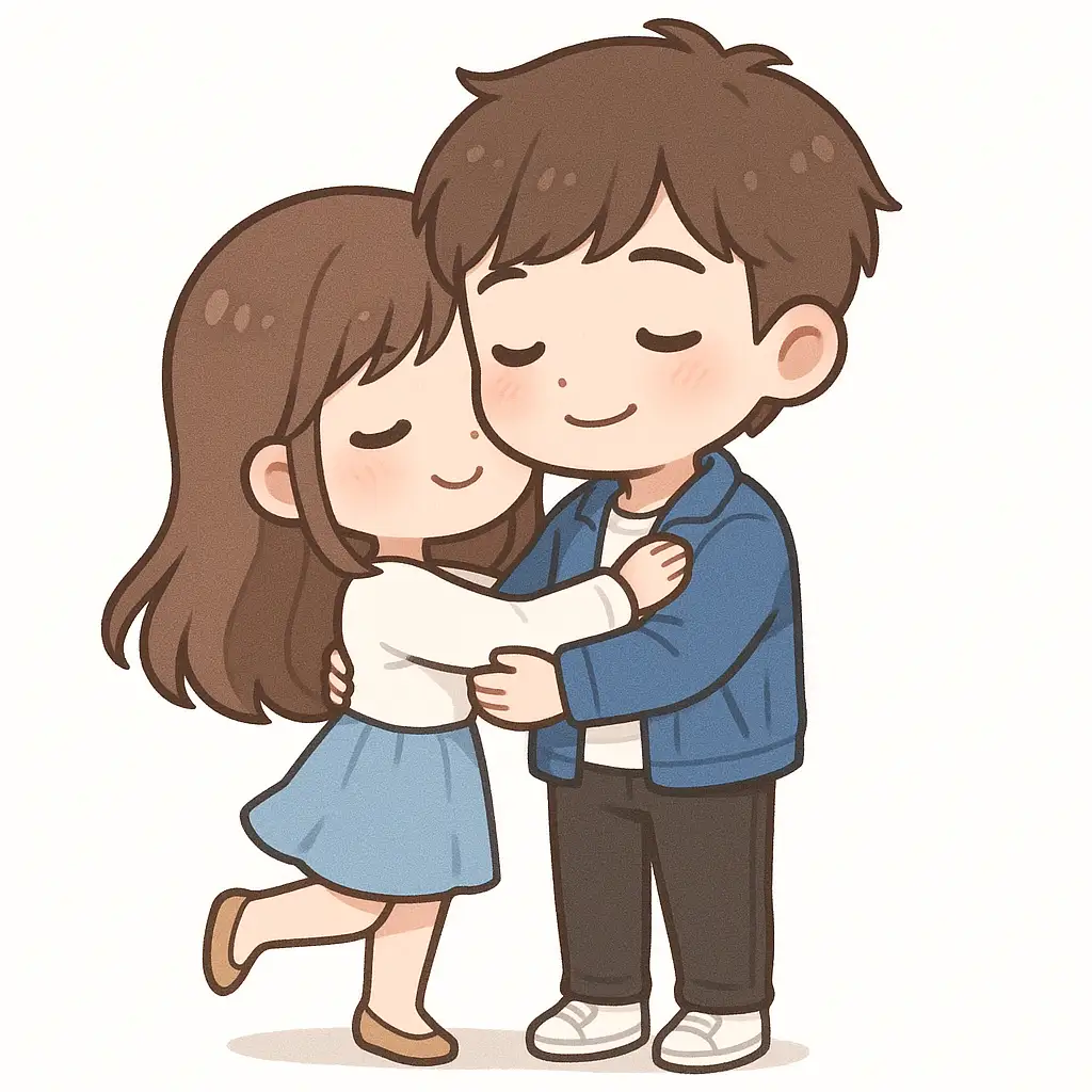 Create a heartwarming chibi-style illustration of a young couple sharing a gentle hug. The girl, with long brown hair, is wearing a white long-sleeve top and a light blue skirt, standing on tiptoe as she embraces the boy lovingly. The boy has short brown hair and wears a blue jacket over a white shirt, paired with black pants and white sneakers. Both have soft, closed-eye smiles, expressing affection and warmth. The background is plain white, emphasizing the simplicity and sweetness of the moment. The art style is clean, smooth, and pastel-toned, with soft shading and rounded features typical of cute couple cartoon art.