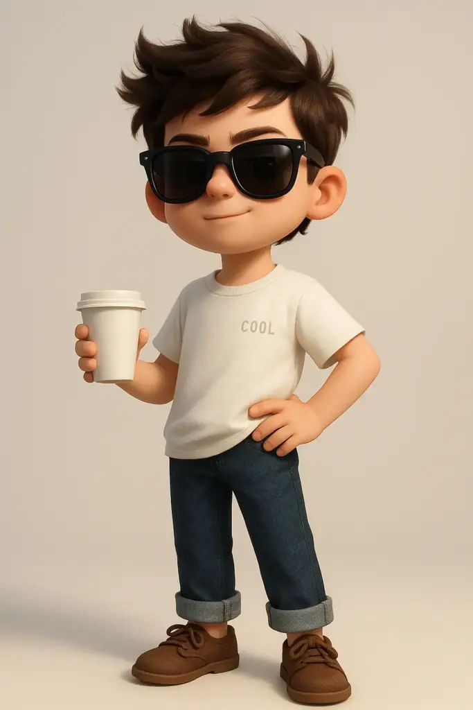 Create a stylish 3D cartoon-style boy with tousled dark brown hair and a confident expression, wearing large black sunglasses and holding a white paper cup in one hand. He's dressed in a loose white T-shirt with minimal lettering on it, dark jeans rolled up at the cuffs, and brown casual shoes. The boy stands with one hand on his hip in a cool, relaxed pose, exuding a trendy, confident vibe. The lighting is soft and natural, giving a clean, modern look, and the background is simple and neutral to keep the focus on the character.