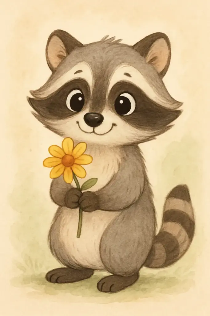Create a charming cartoon-style raccoon standing upright, holding a single yellow daisy with both paws and smiling sweetly. The raccoon has large, expressive eyes, soft rounded features, and fluffy fur with the classic dark mask pattern around its eyes and striped tail. Its overall look is gentle and friendly, radiating warmth and innocence. The background is minimal with soft beige and light green watercolor textures, creating a cozy, storybook feel. The illustration uses smooth lines, warm earthy tones, and soft shading for a hand-painted, whimsical appearance.