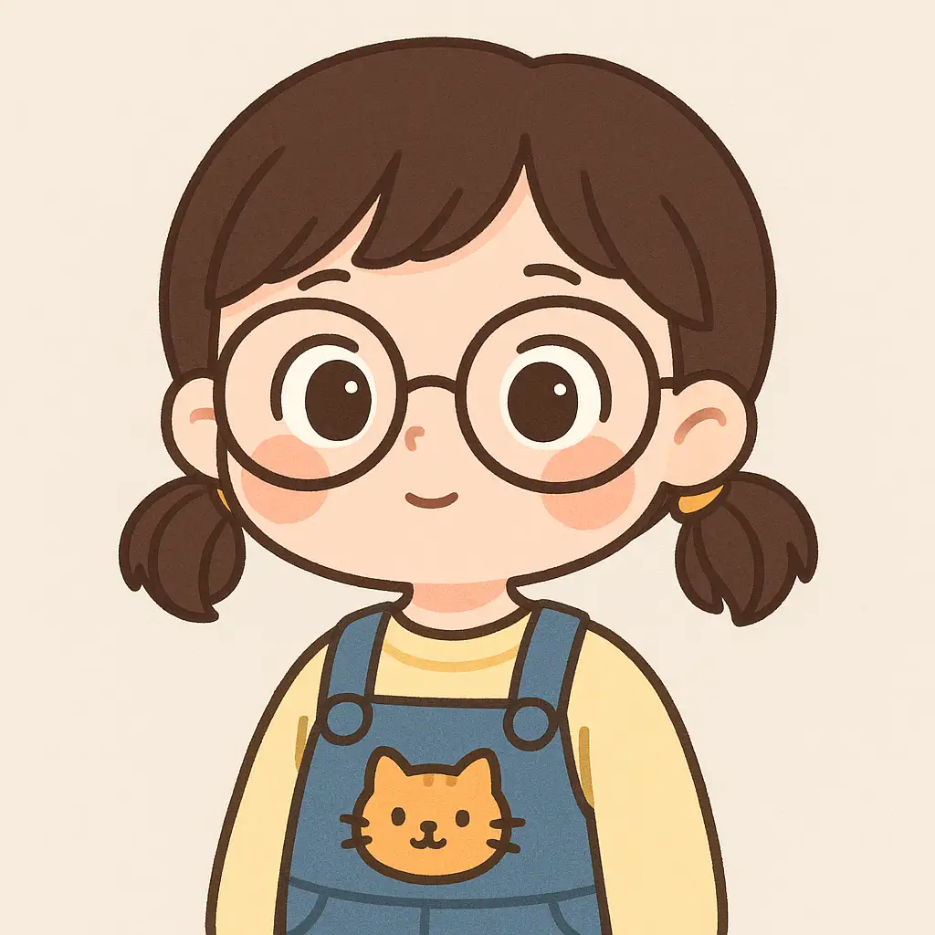 Create a cute cartoon-style illustration of a young girl with short dark brown hair styled in two low pigtails, each tied with small yellow hairbands. She has round glasses with large lenses that accentuate her big, expressive eyes and rosy cheeks. The girl wears a light yellow sweater under blue overalls, which feature a small, cheerful orange cat design on the front pocket. Her expression is calm and curious, giving her a sweet and intelligent charm. The background is simple and light gray, keeping the focus on the character. The overall art style is clean, flat, and modern, with soft pastel tones and rounded features.