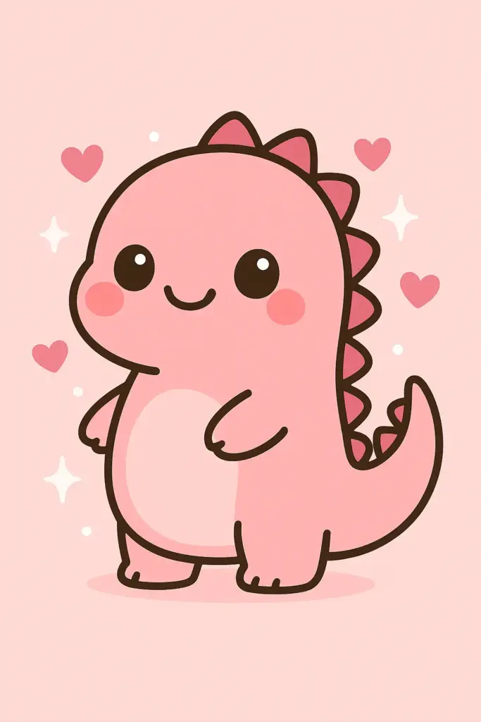 Create an adorable cartoon-style pink dinosaur standing upright with a sweet smile and rosy cheeks. The dinosaur has a rounded body, tiny arms, and darker pink spikes along its back and tail. It's surrounded by small pink hearts and white sparkling stars, all set against a soft pastel pink background. The character's eyes are large, shiny, and full of charm, giving it a lovable, innocent expression. The illustration is simple and clean, with bold outlines and flat colors, evoking a warm and cheerful kawaii aesthetic.