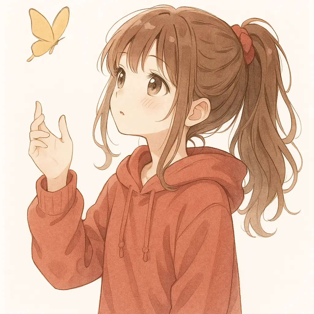 Create a delicate anime-style illustration of a young girl with long, wavy brown hair tied in a high ponytail with a red scrunchie. She wears a cozy oversized red hoodie and gazes gently upward at a bright yellow butterfly hovering near her hand. Her large, expressive eyes convey wonder and calmness, and her soft blush adds to her gentle expression. The background is minimalistic and white, focusing attention on the girl and the butterfly. The overall atmosphere is peaceful, dreamy, and filled with a sense of quiet admiration for nature.