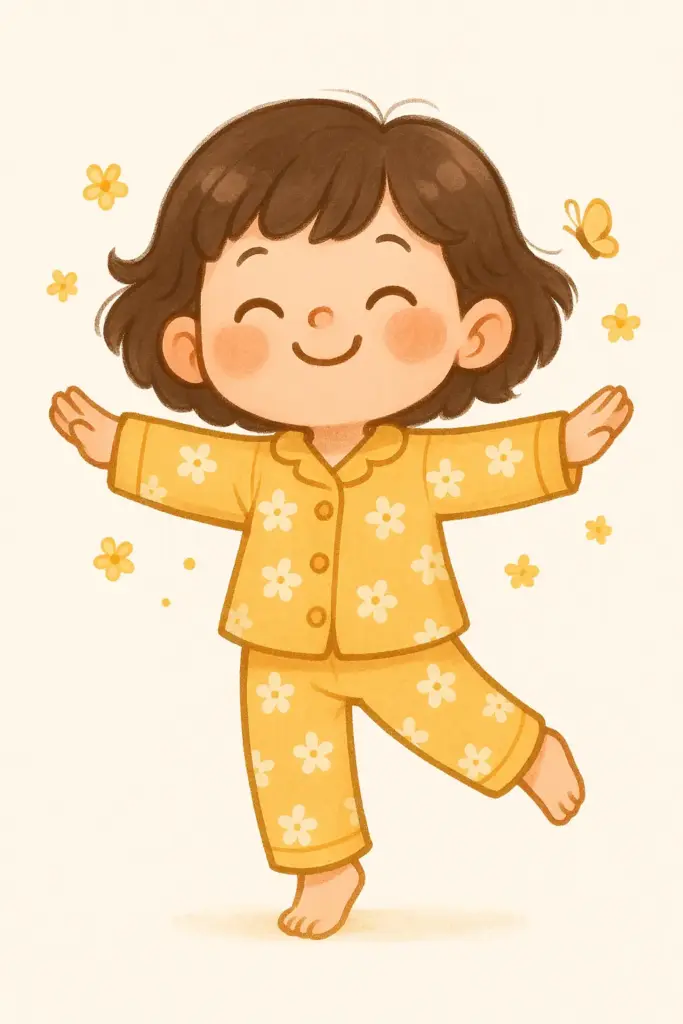 Create an adorable cartoon-style illustration of a cheerful little girl with short, wavy dark brown hair and rosy cheeks, striking a playful balancing pose with her arms outstretched and eyes closed in delight. She wears a matching yellow pajama set decorated with white flower patterns, and her expression radiates joy and carefree innocence. Small yellow flowers and a tiny butterfly float around her, adding to the whimsical, lighthearted atmosphere. The background is simple and white, emphasizing the warmth and cuteness of the character. The art style is soft, rounded, and pastel-toned, evoking the cozy charm of a children's storybook illustration.