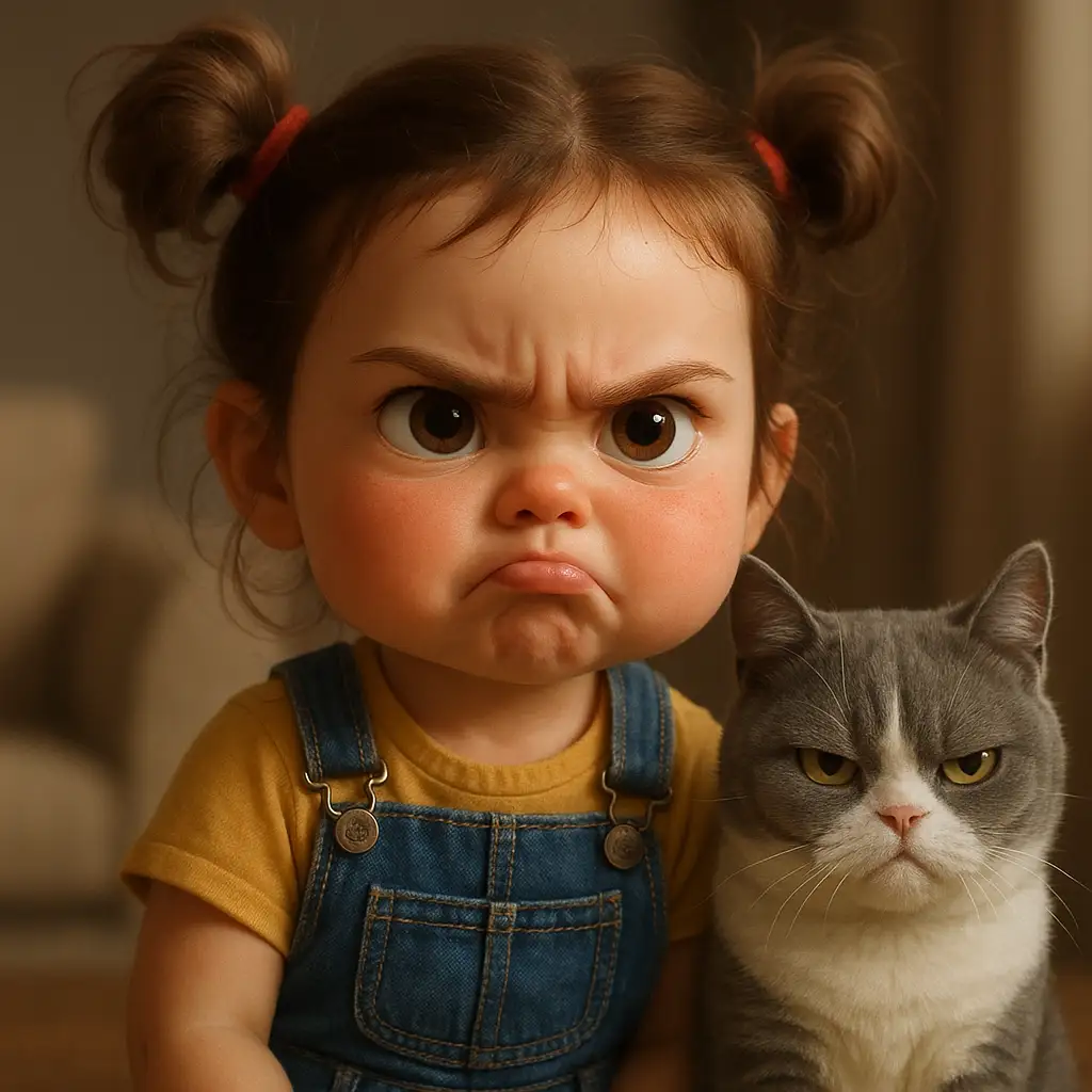 Create a highly detailed, expressive 3D-style illustration of a little girl showing an adorably angry pout. She has big round eyes, rosy cheeks, and her eyebrows are furrowed in frustration. Her brown hair is tied into two messy buns with red hair ties, and she wears a yellow shirt under blue denim overalls. Beside her sits a grumpy-looking gray-and-white cat, mirroring her mood with a similar annoyed expression. The lighting is soft and natural, highlighting the smooth textures and realistic shading of their faces. The overall tone is humorous and endearing, capturing the playful intensity of a child's exaggerated emotions.