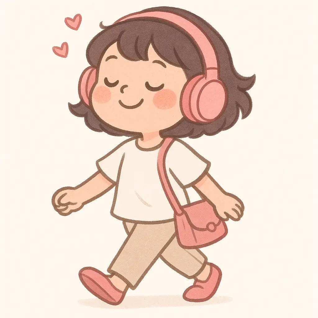 Create a cute cartoon-style illustration of a cheerful little girl walking with confidence and joy, eyes closed and a gentle smile on her face as she listens to music through large pink headphones. She has short, wavy dark hair and rosy cheeks, wearing a loose white T-shirt, light beige pants, and pink shoes. A matching pink shoulder bag hangs casually by her side. Small heart doodles float above her head, emphasizing her happy, carefree mood. The background is minimal and white, highlighting the relaxed, whimsical feel of the scene. The overall style is soft, rounded, and pastel-toned, perfect for conveying lighthearted charm.