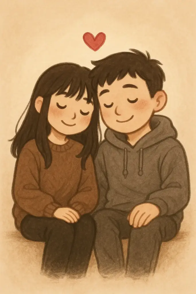 Create a tender, heartwarming illustration of a young couple sitting close together with their eyes closed, leaning peacefully against each other. The girl, with long dark hair and soft bangs, wears a cozy brown sweater and black pants. The boy, with short dark hair, wears a gray hoodie and matching pants. Both have gentle smiles and rosy cheeks, radiating warmth and affection. Above them floats a small red heart, symbolizing love and closeness. The background is softly shaded in warm beige tones, giving a dreamy and comforting atmosphere. The overall style is cute and painterly, with soft lines, warm colors, and a cozy, emotional tone.