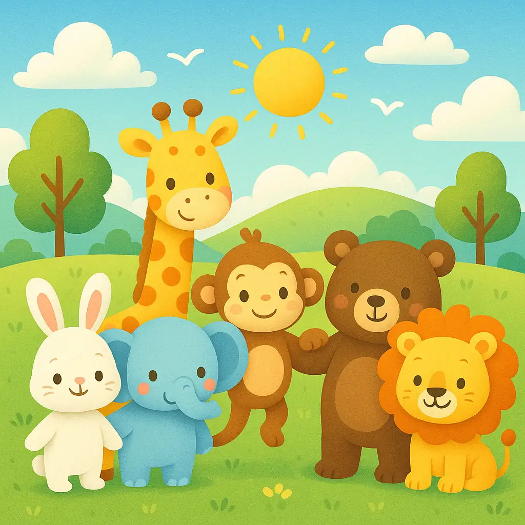 Create a cheerful and colorful cartoon-style illustration featuring a group of friendly animals standing together in a sunny meadow. From left to right: a white bunny, a blue elephant, a yellow giraffe with orange spots, a light brown monkey, a dark brown bear, and a golden lion with an orange mane. They all have cute, rounded features and gentle smiles, exuding warmth and friendliness. The background shows rolling green hills, trees, and fluffy white clouds beneath a bright blue sky with a shining yellow sun and a few white birds flying overhead. The art style is clean, soft, and child-friendly, resembling a playful paper-cut or 3D layered look.
