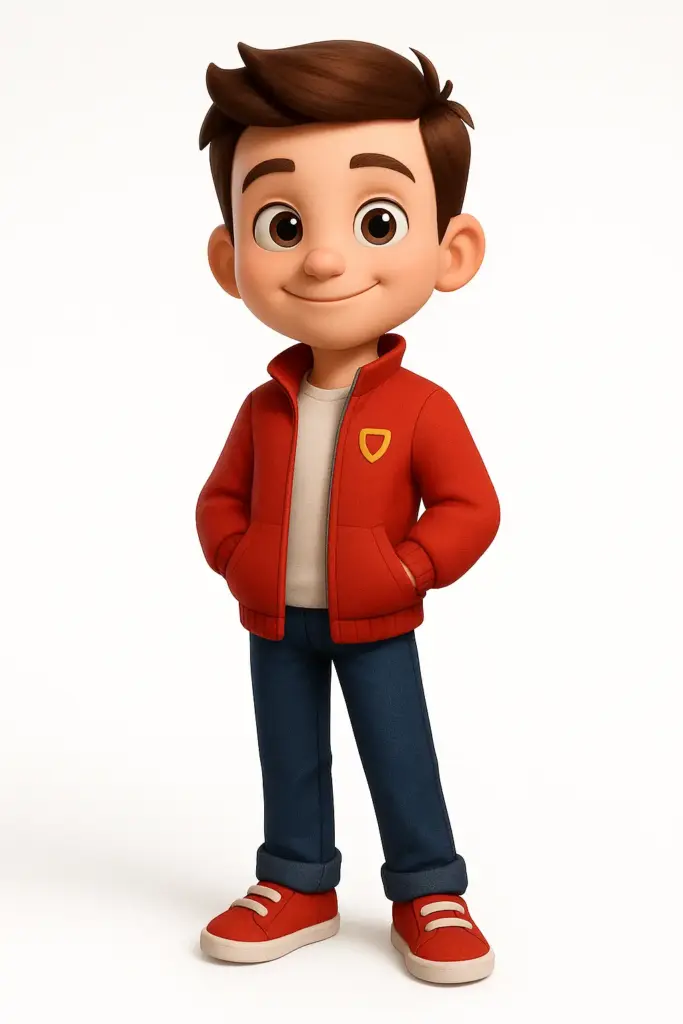 Create a 3D cartoon-style boy character with a friendly and confident expression, standing casually with his hands in his pockets. He has short, neatly styled brown hair and large expressive brown eyes. He wears a red jacket with a small emblem on the chest, a white T-shirt underneath, navy blue pants, and matching red-and-white sneakers. The background is plain white, emphasizing the clean and modern character design. The overall appearance is polished and professional, resembling the style of animated film character—bright, wholesome, and full of charm.