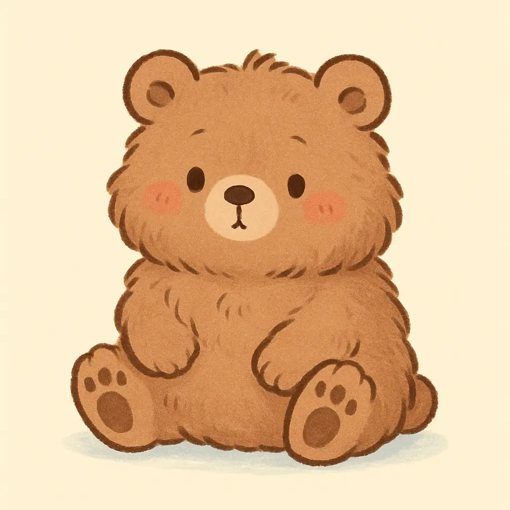 Create an adorable cartoon-style illustration of a chubby, fluffy brown bear sitting upright with a gentle, slightly curious expression. The bear has small rounded ears, soft fur, tiny paws with visible pads, and blushing cheeks that enhance its cuteness. Its simple, round shape and subtle details give it a plush-toy-like appearance. The background is light cream with a soft blue shadow beneath the bear, emphasizing its form while keeping the composition clean and minimal. The art style is kawaii-inspired, with smooth lines, warm pastel tones, and a cozy, heartwarming atmosphere.